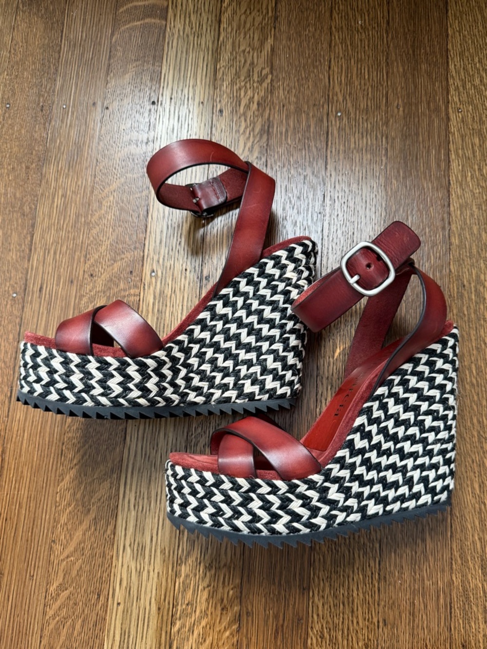 Pedro Garcia vacchetta Leather Platform Wedge Sandals with Ankle Buckle 38